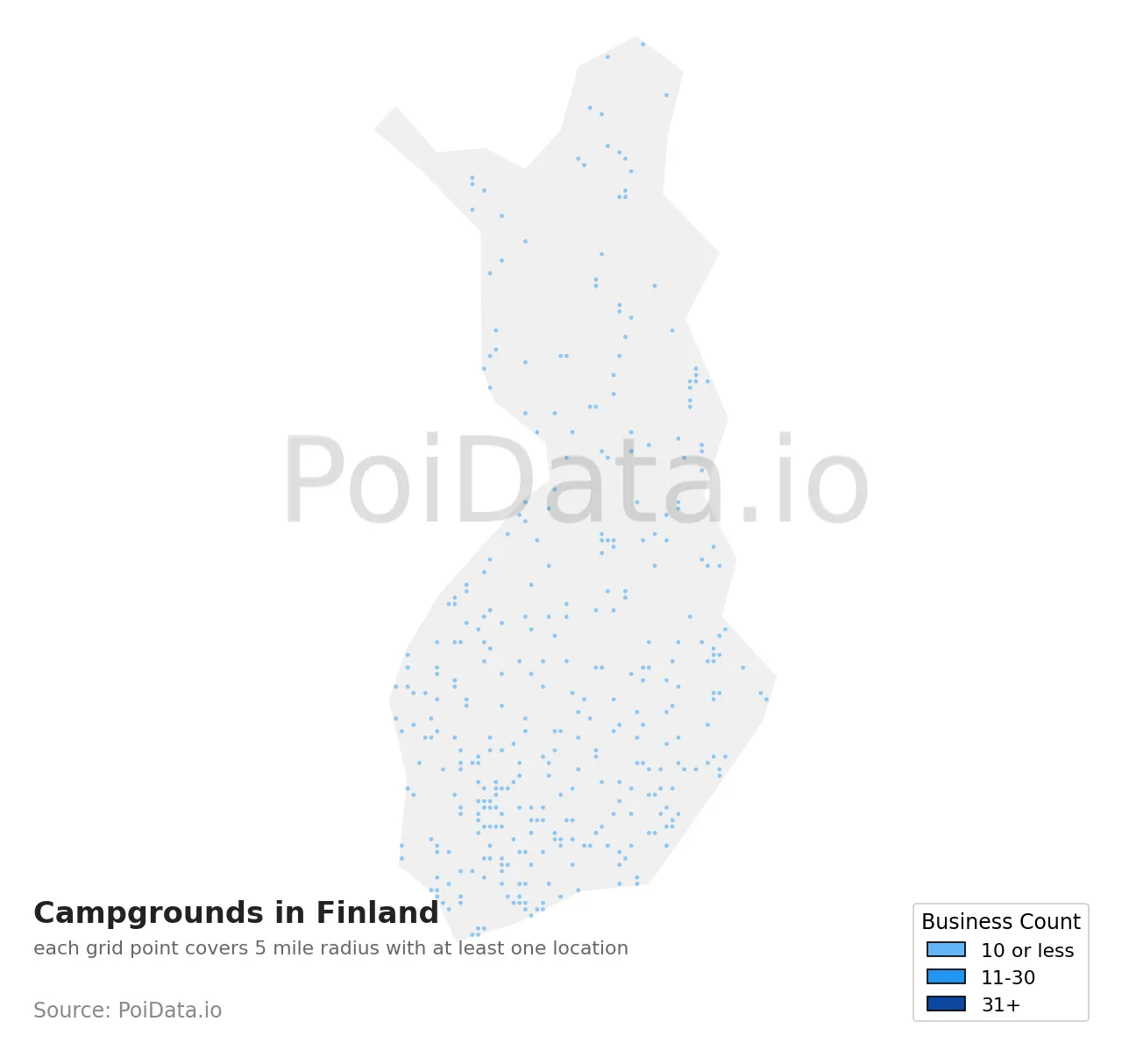 Campground density map for Finland