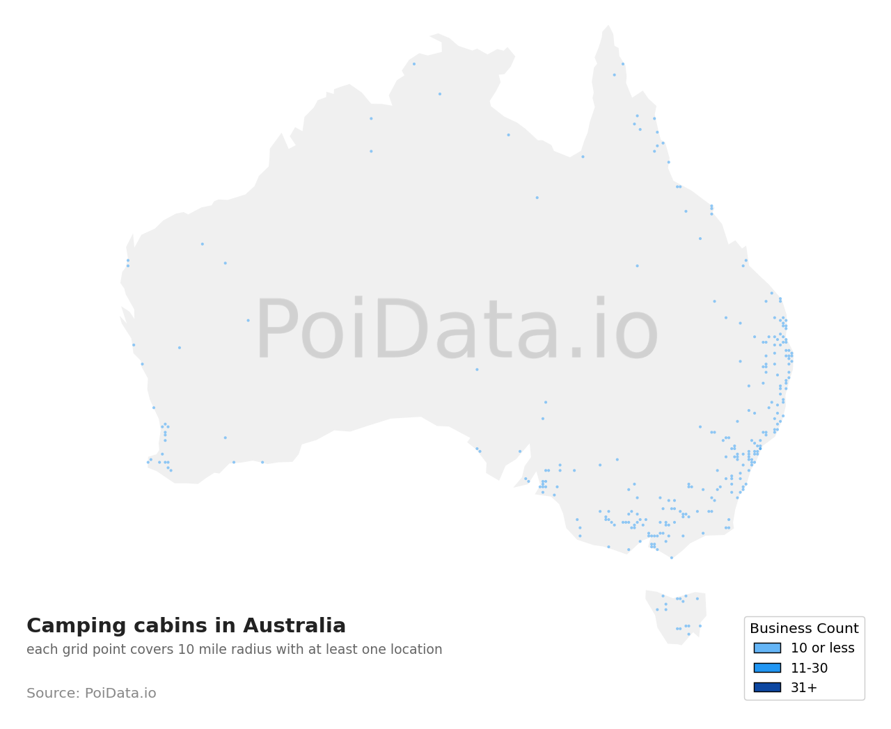 Camping cabin density map for Australia