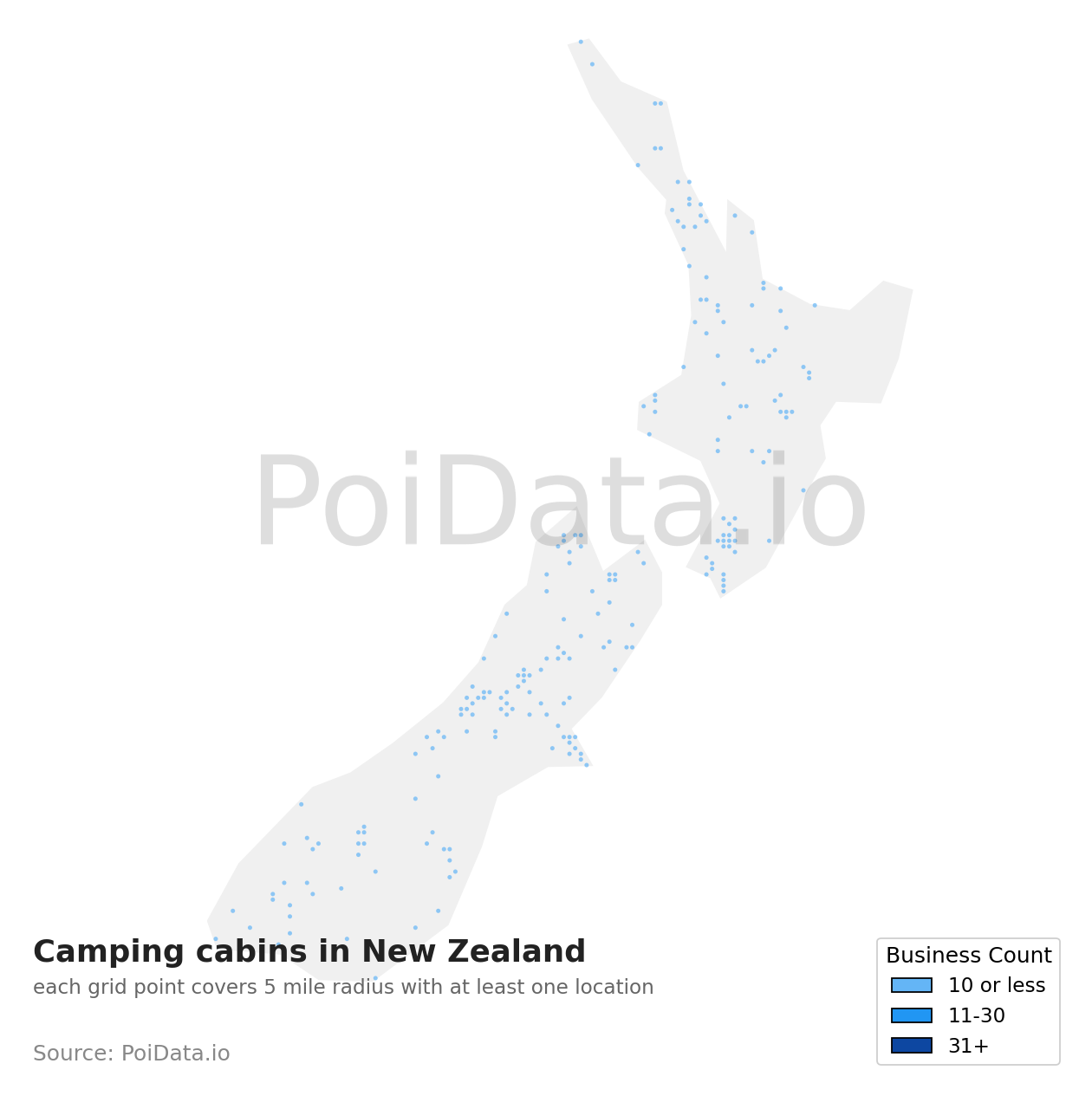 Camping cabin density map for New Zealand