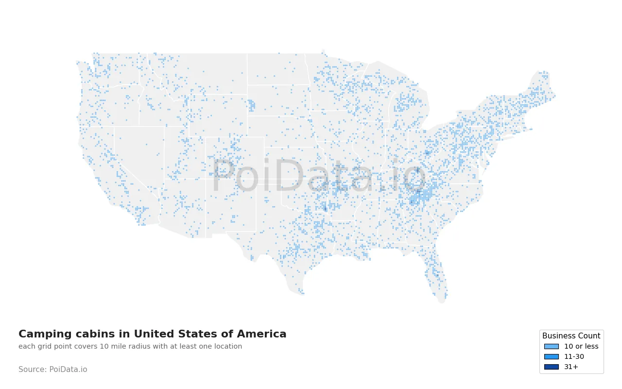 Camping cabin density map for United States