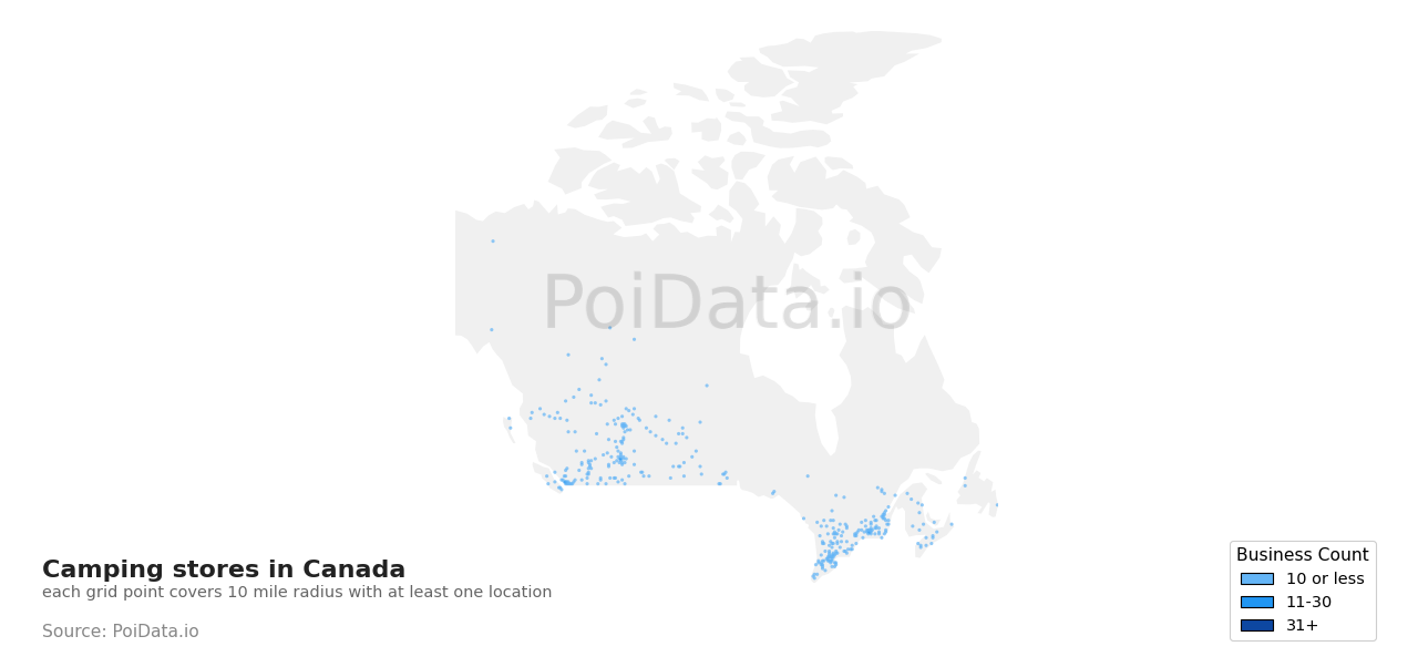 Camping store density map for Manitoba, Canada
