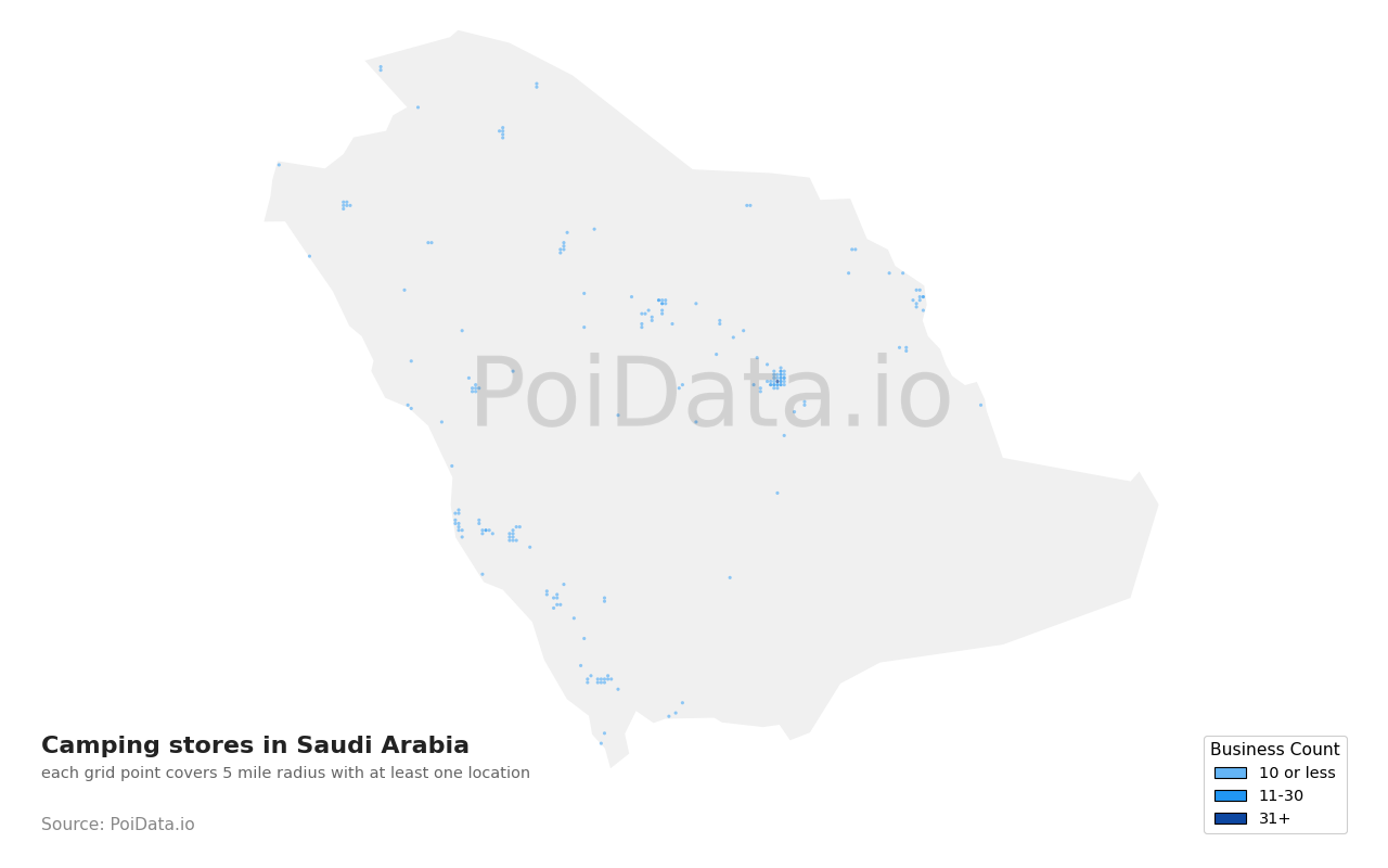 Camping store density map for Saudi Arabia