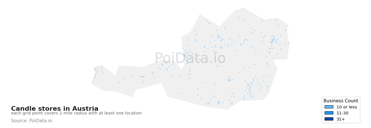 Candle store density map for Austria