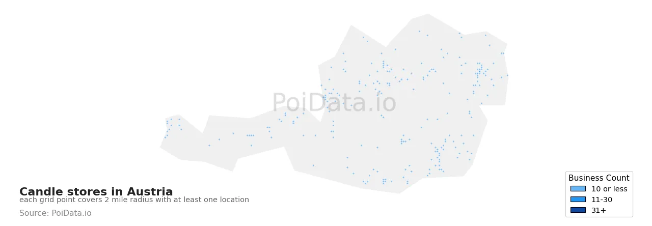 Candle store density map for Austria