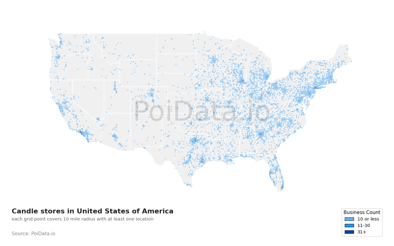 Candle store density map for United States