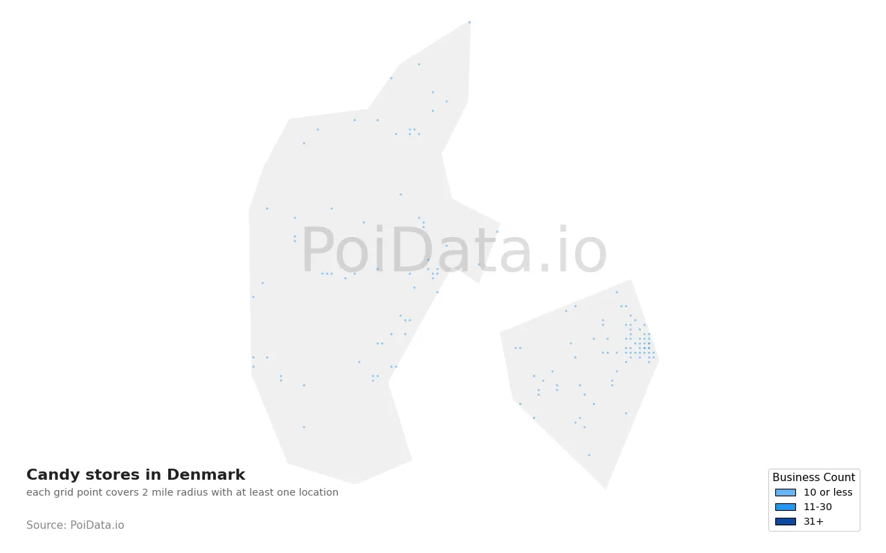 Candy store density map for Denmark