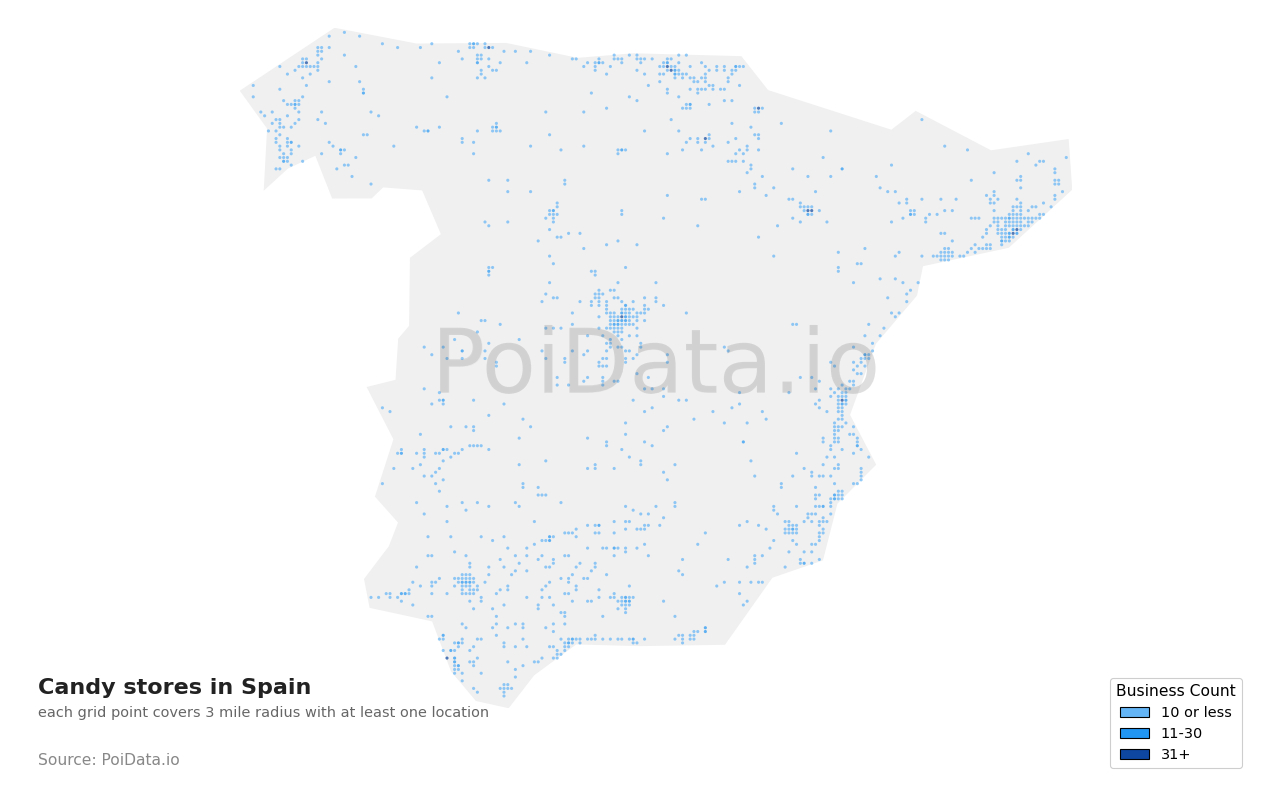 Candy store density map for Spain