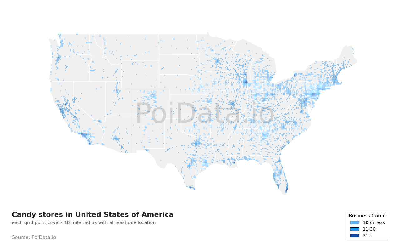 Candy store density map for United States