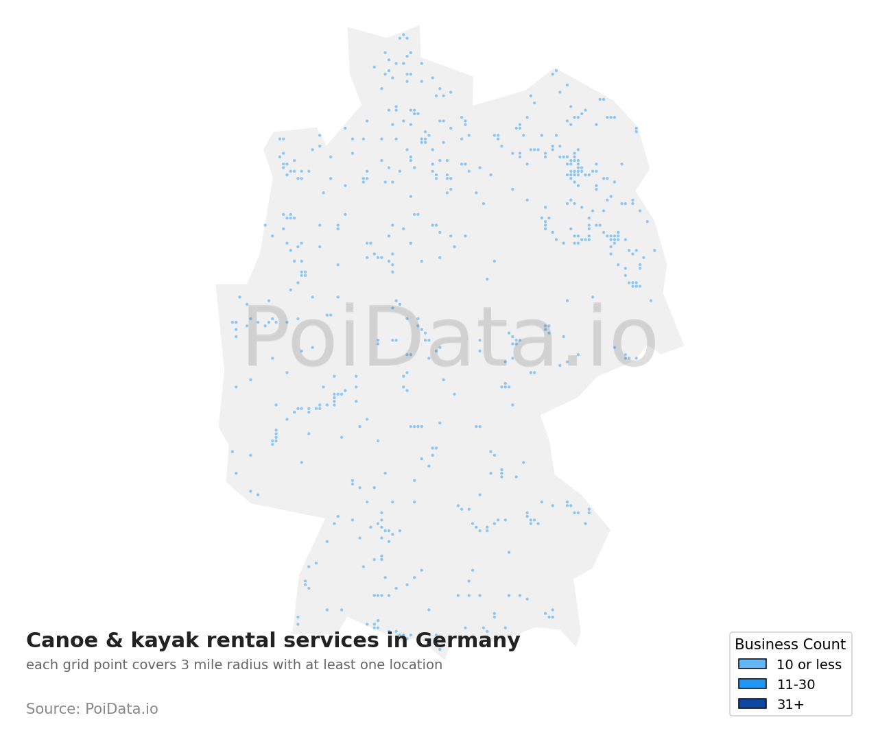 Canoe & kayak rental service density map for Germany