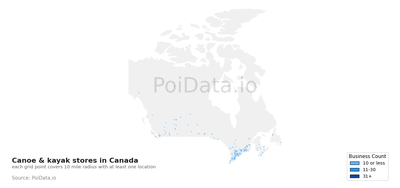 Canoe & kayak store density map for Canada