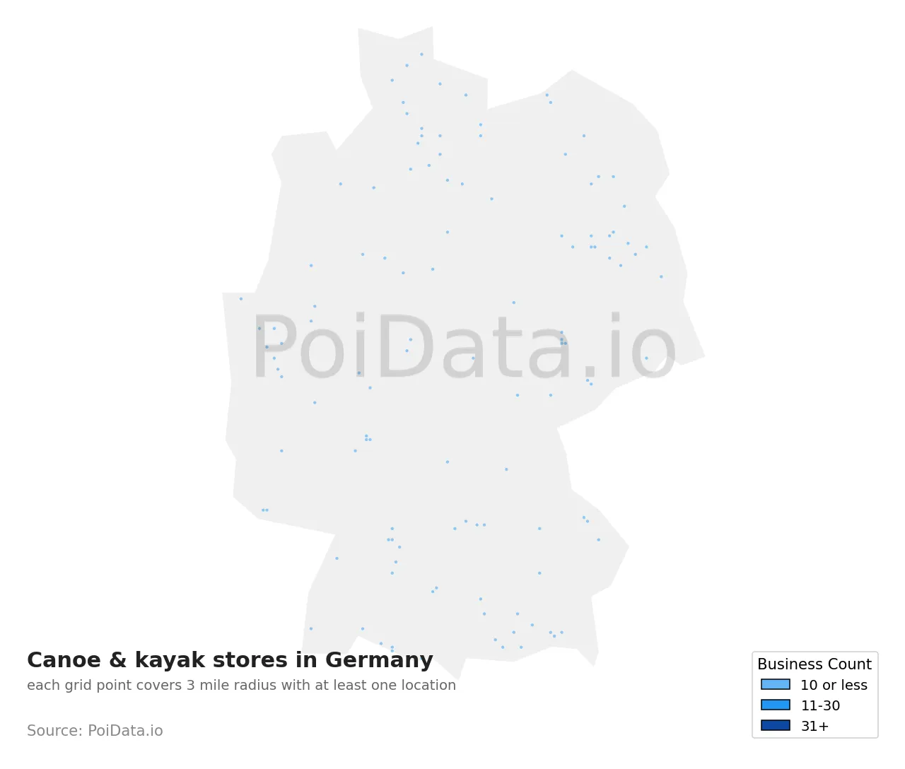 Canoe & kayak store density map for Germany