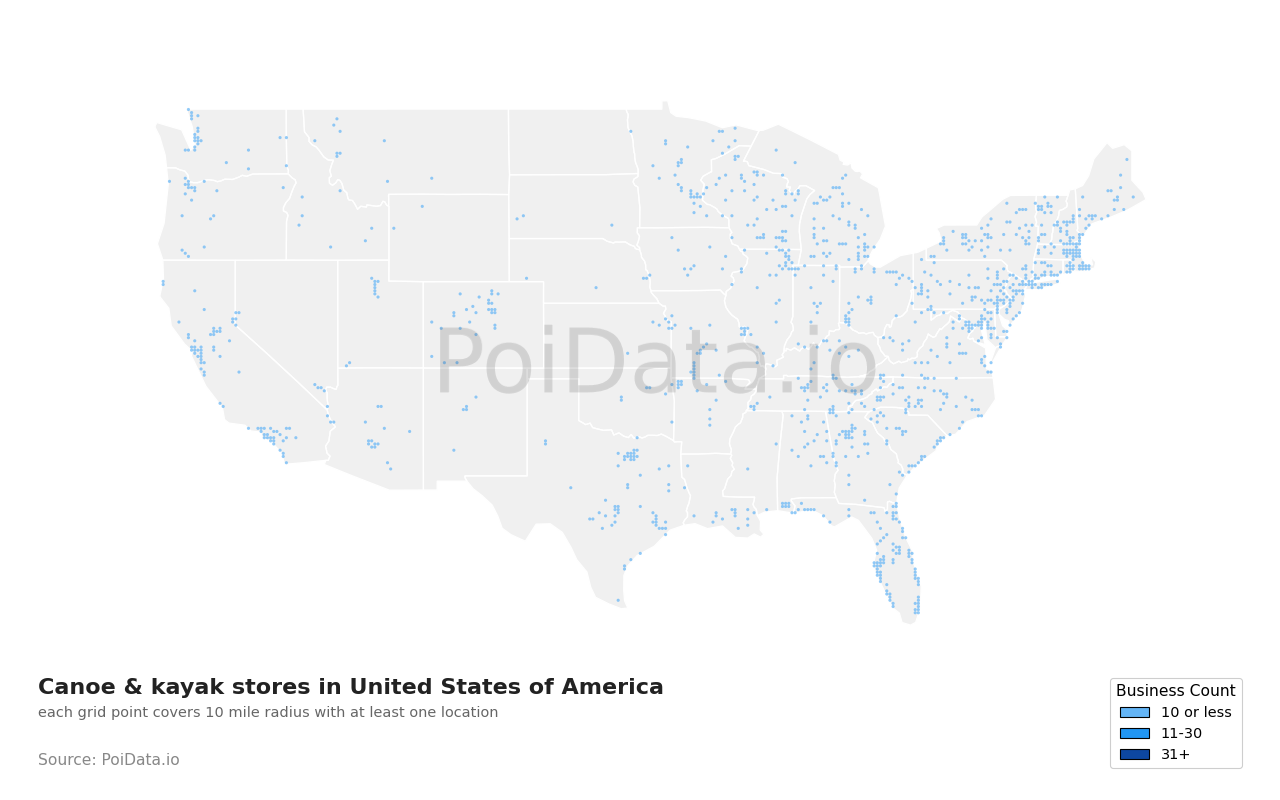 Canoe & kayak store density map for United States