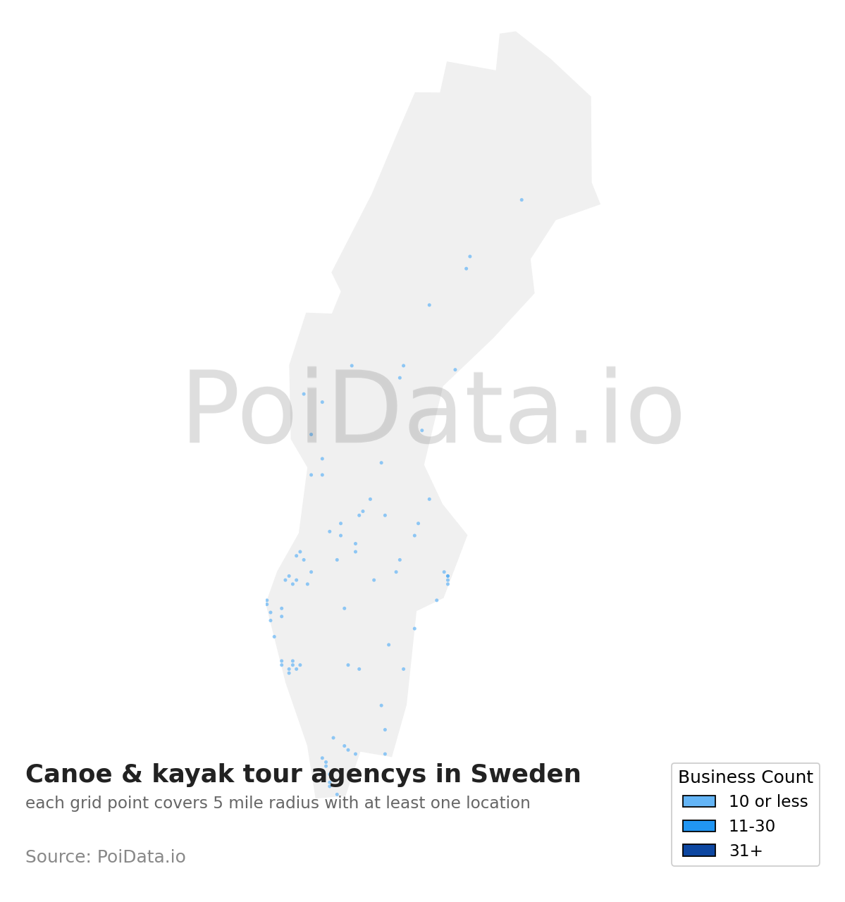 Canoe & kayak tour agency density map for Sweden