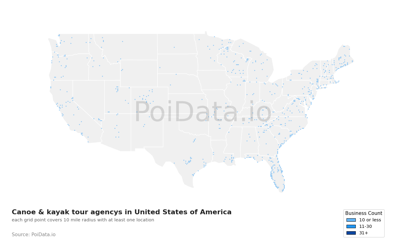 Canoe & kayak tour agency density map for Florida, United States