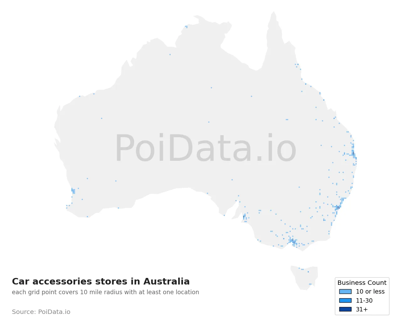 Car accessories store density map for Australia