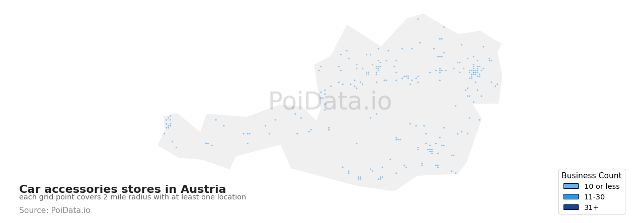Car accessories store density map for Austria