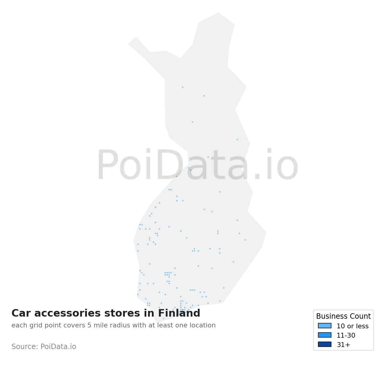 Car accessories store density map for Finland