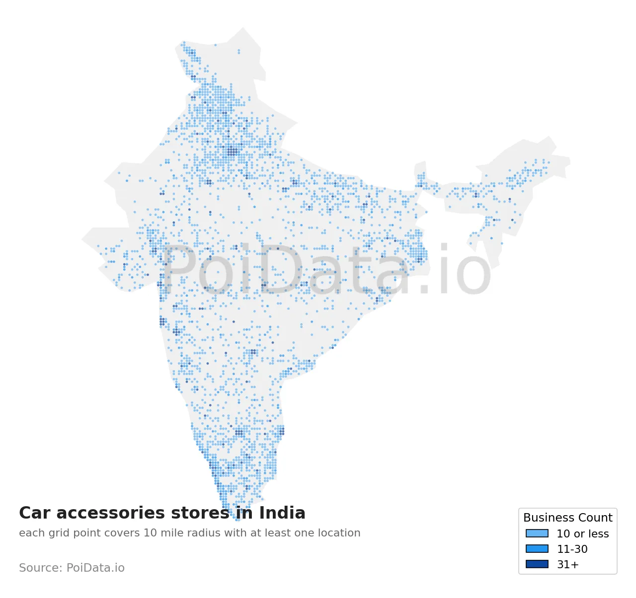 Car accessories store density map for India