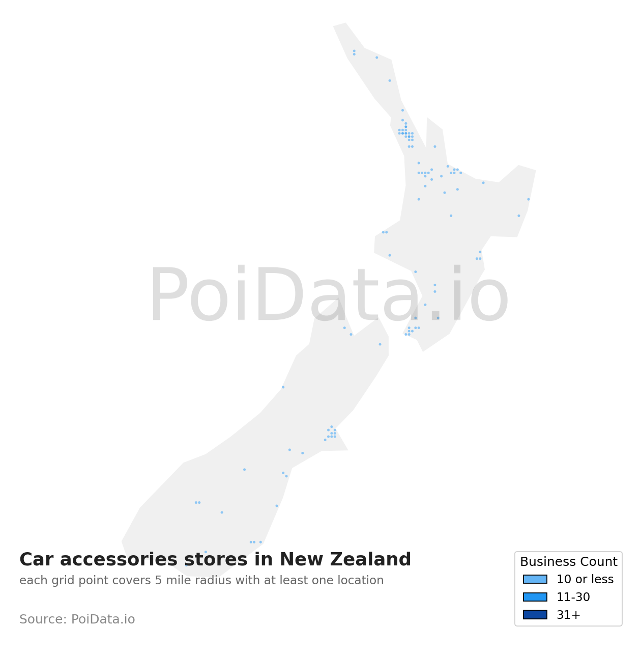 Car accessories store density map for New Zealand