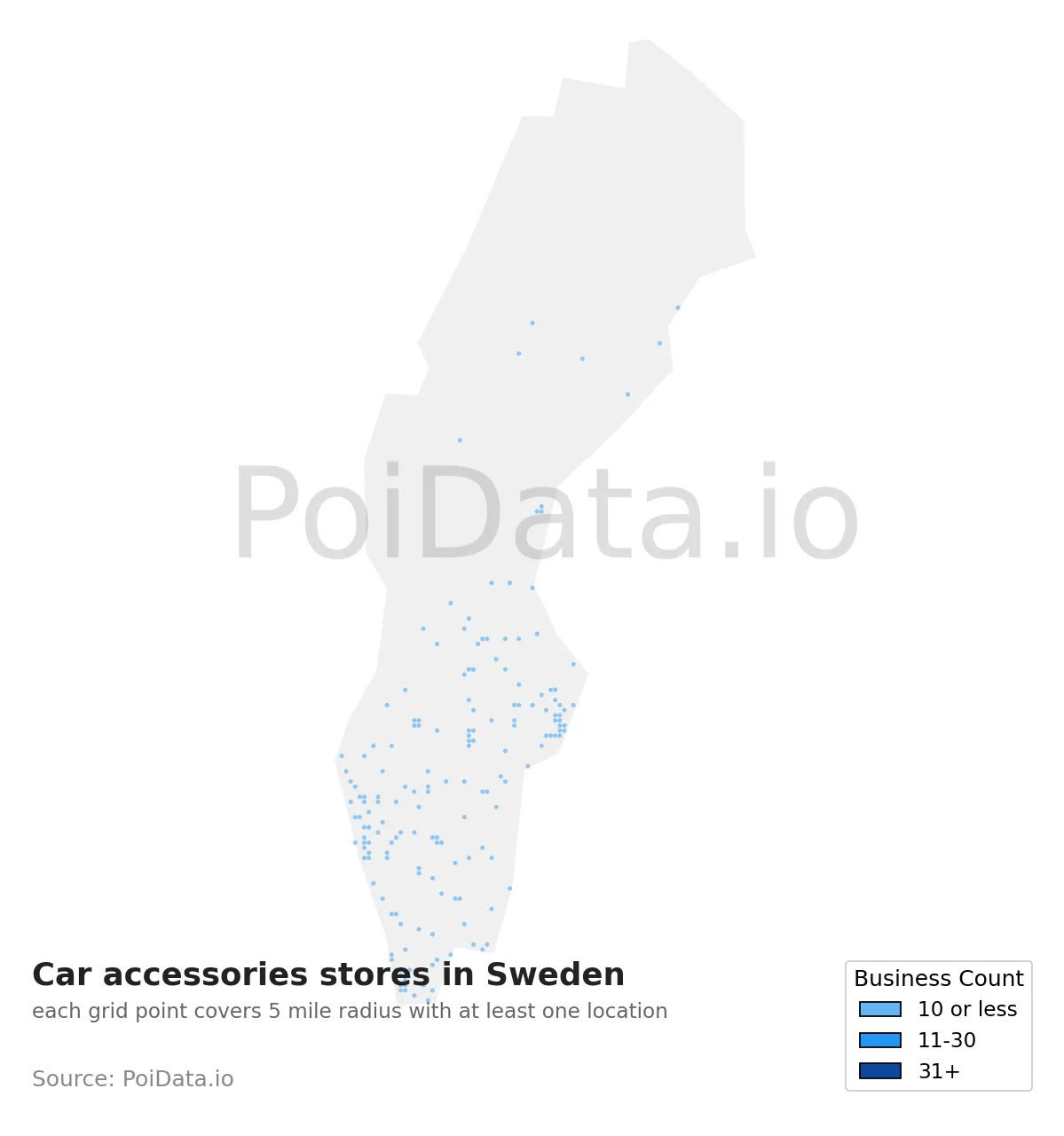 Car accessories store density map for Sweden