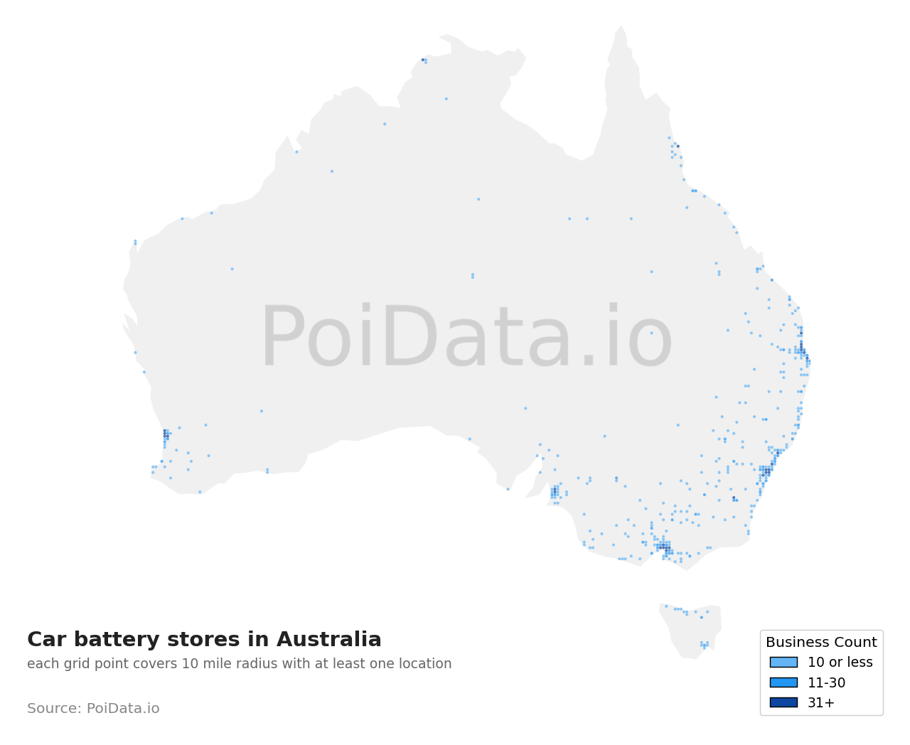 Car battery store density map for Australia