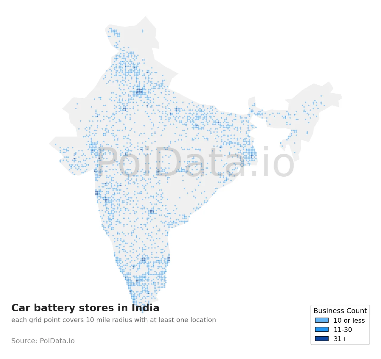 Car battery store density map for India