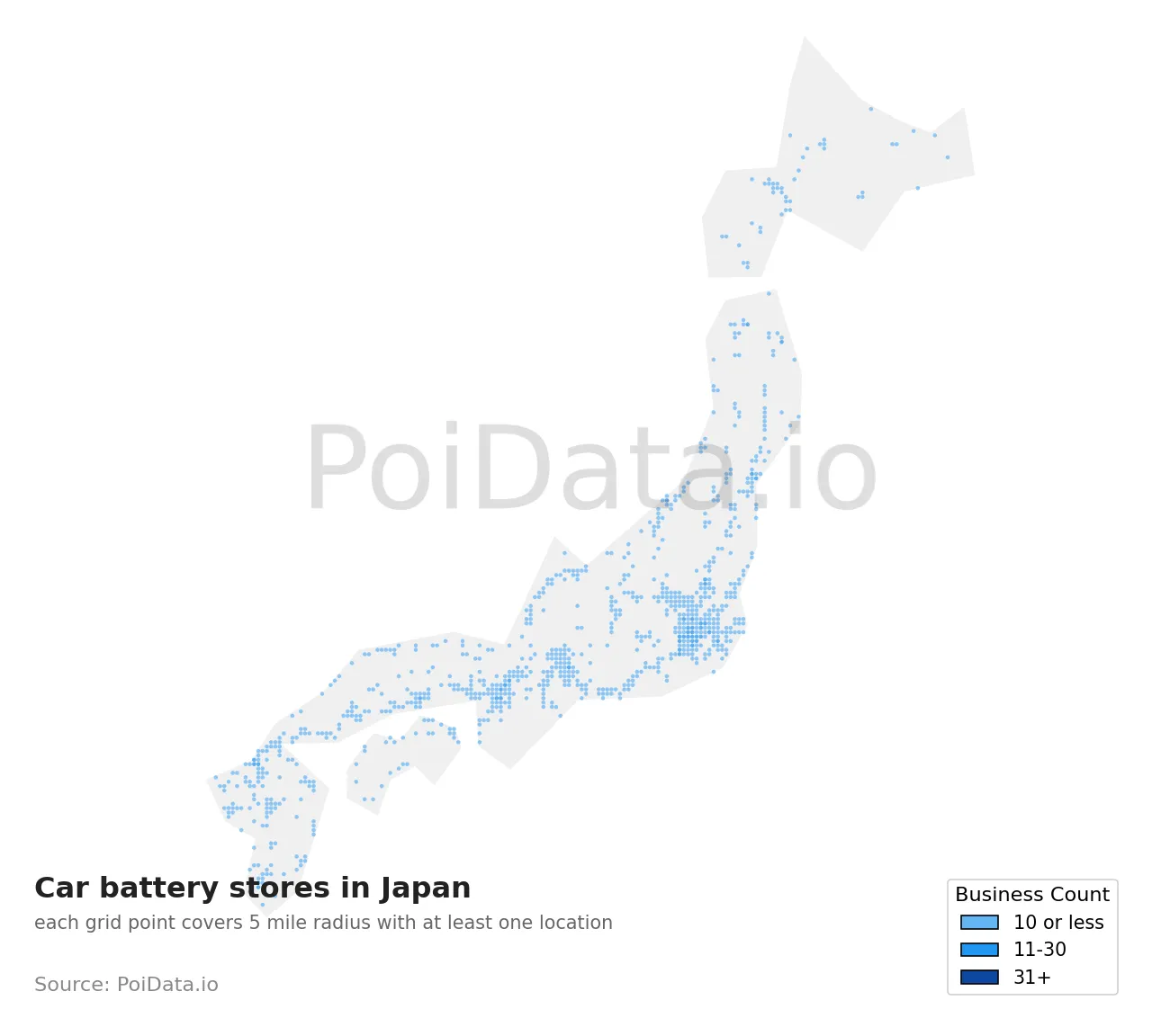 Car battery store density map for Japan