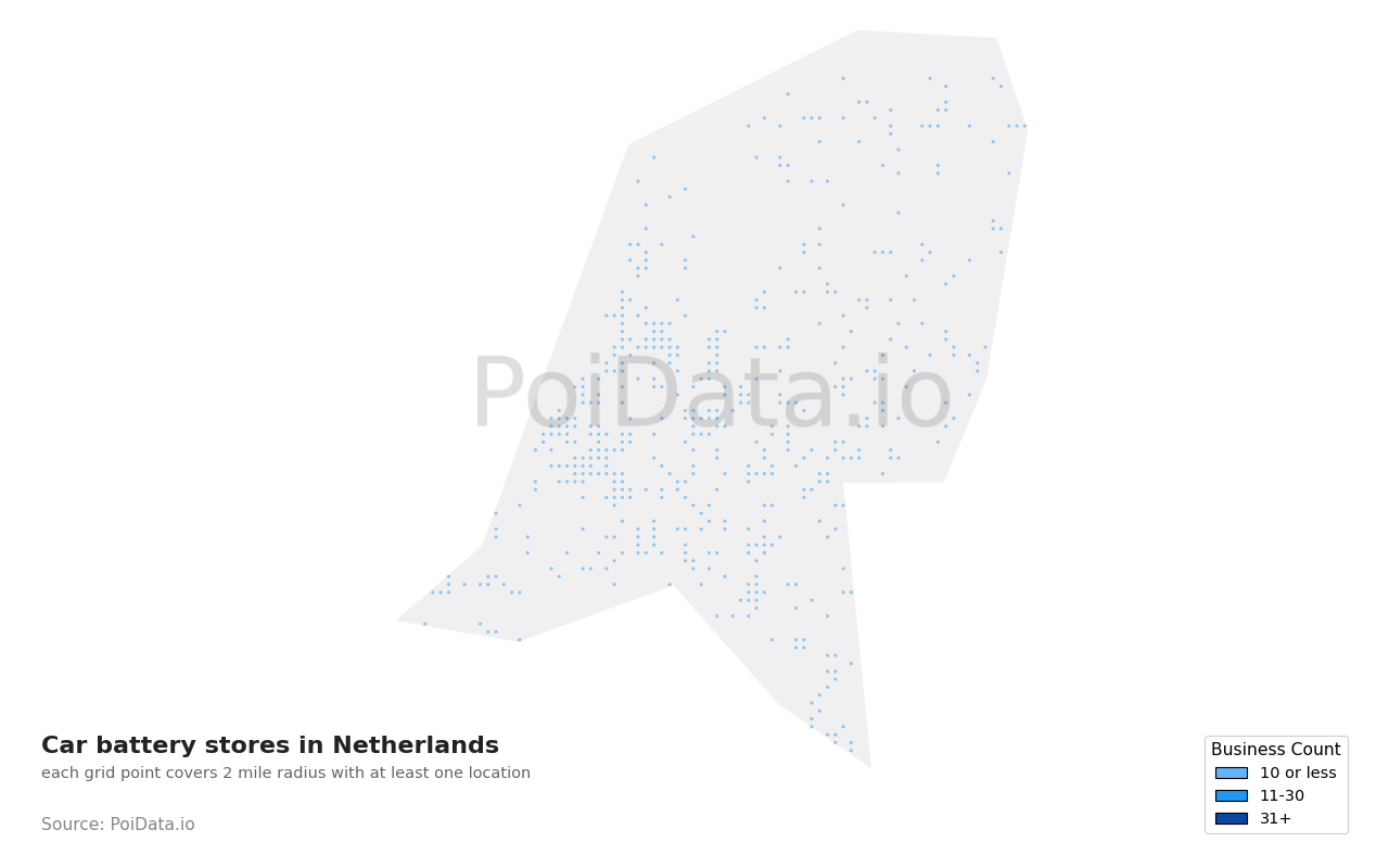 Car battery store density map for Netherlands