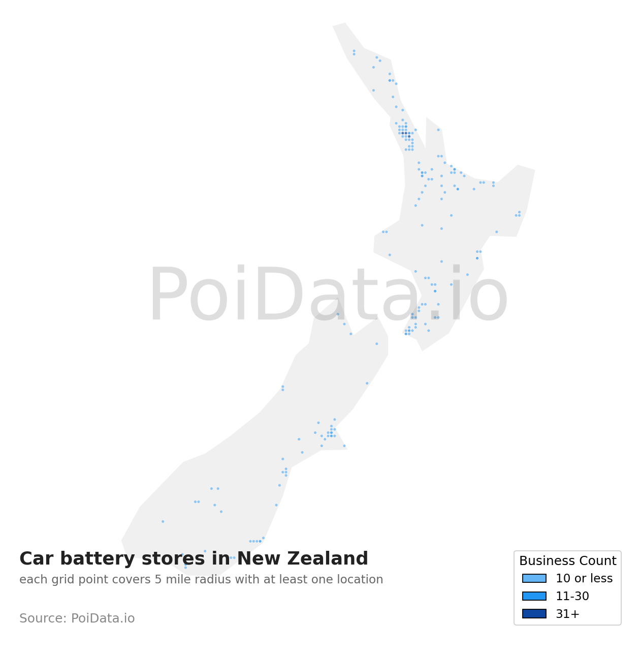 Car battery store density map for New Zealand