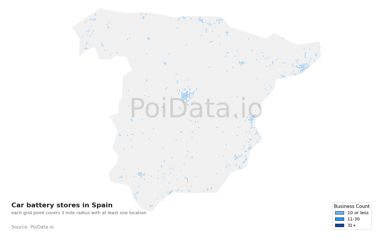 Car battery store density map for Spain