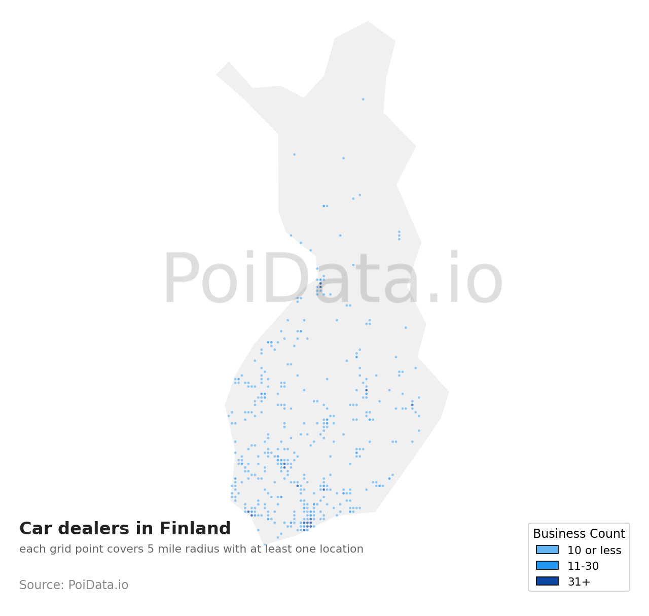 Car dealer density map for Finland