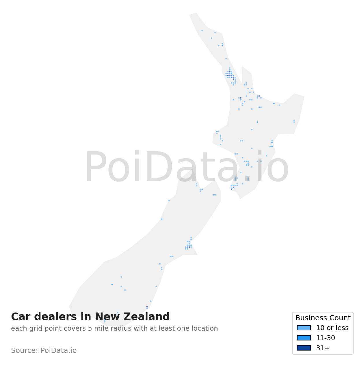 Car dealer density map for New Zealand