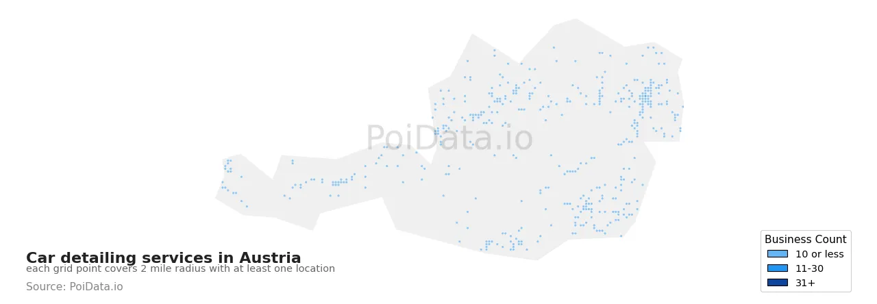 Car detailing service density map for Austria