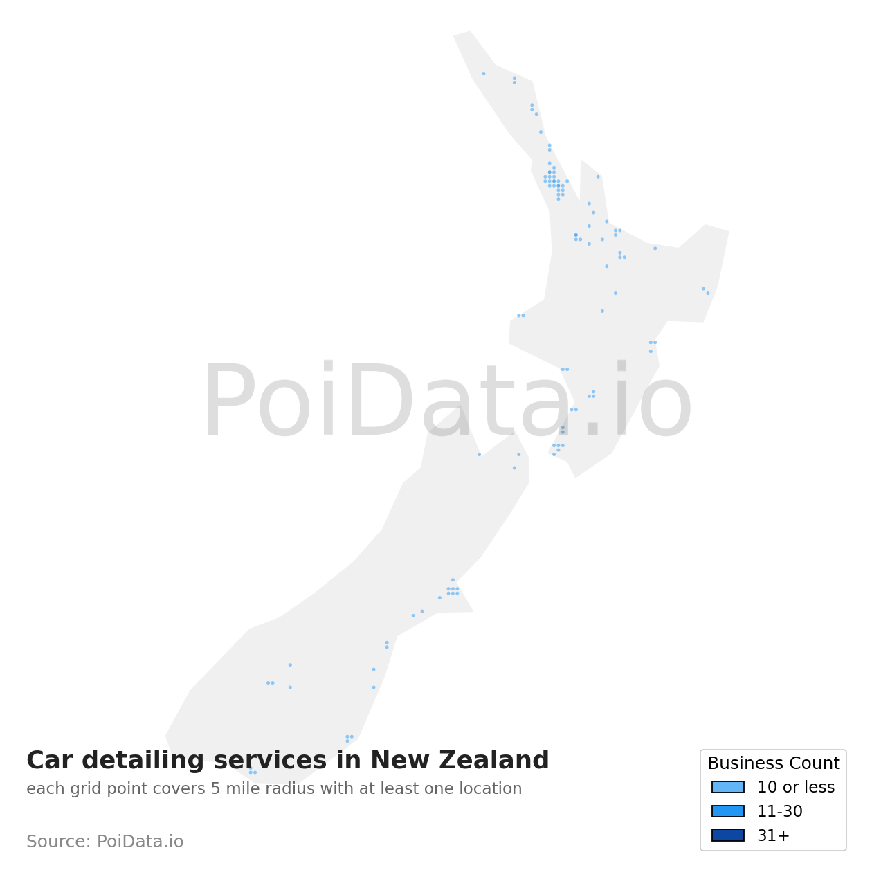 Car detailing service density map for New Zealand