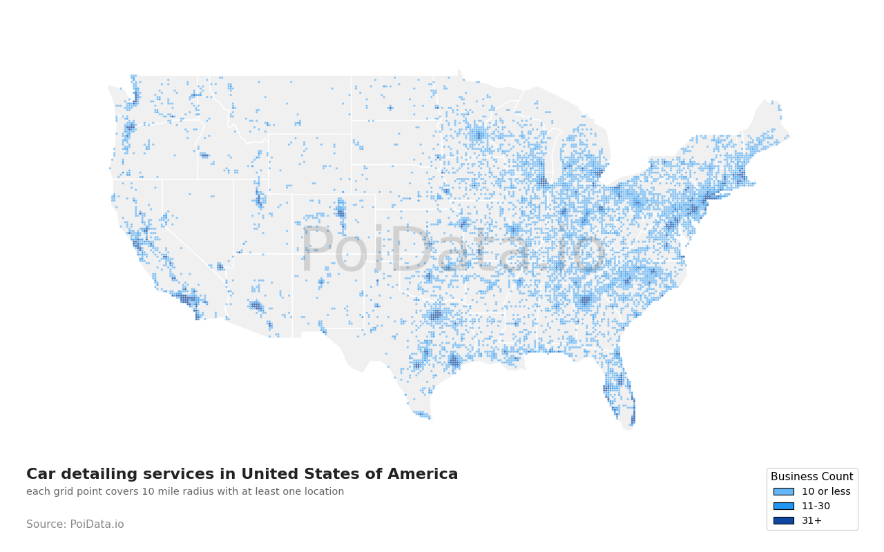 Car detailing service density map for United States