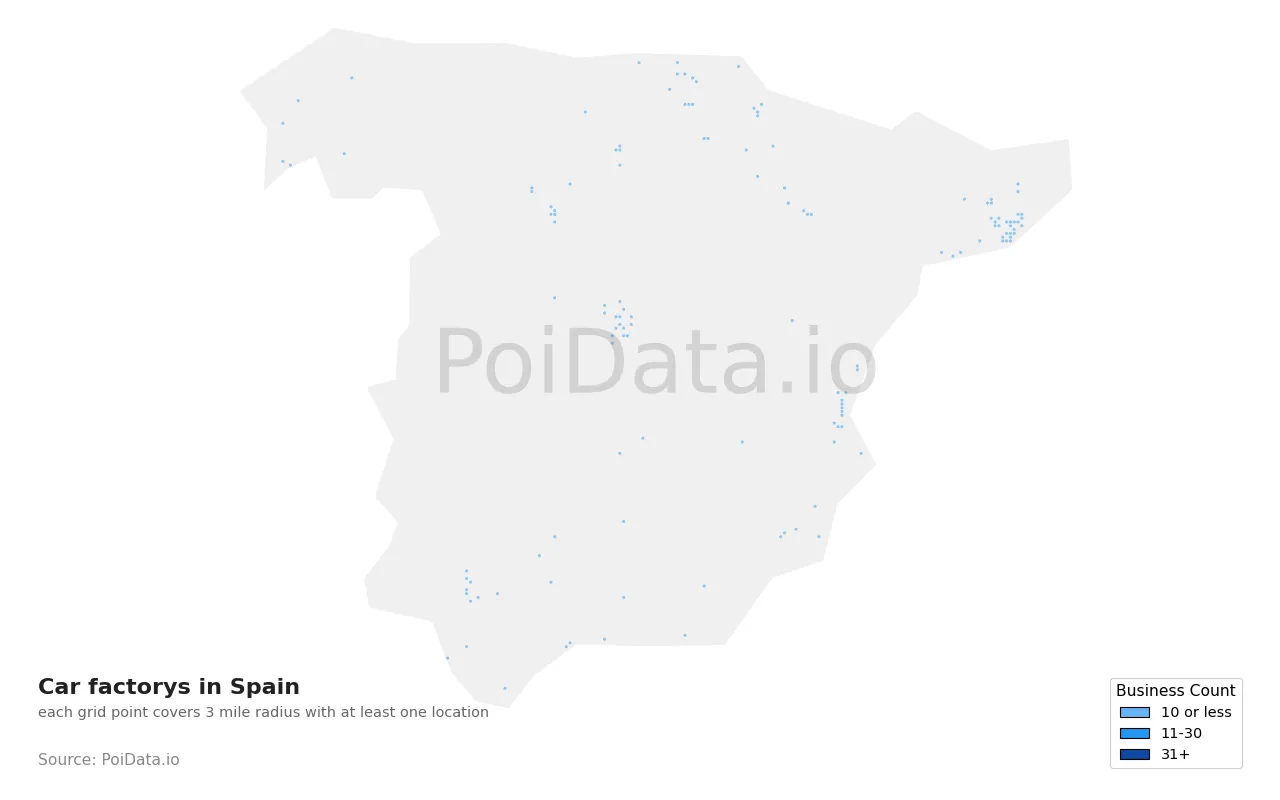 Car factory density map for Spain