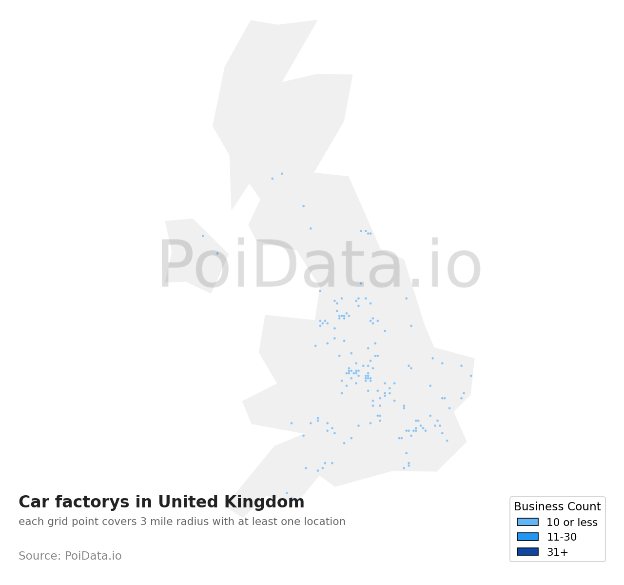 Car factory density map for United Kingdom