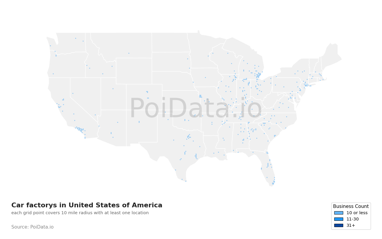 Car factory density map for Indiana, United States