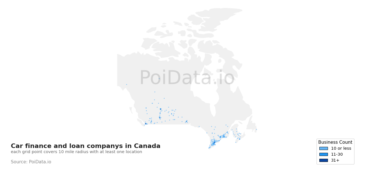 Car finance and loan company density map for Canada