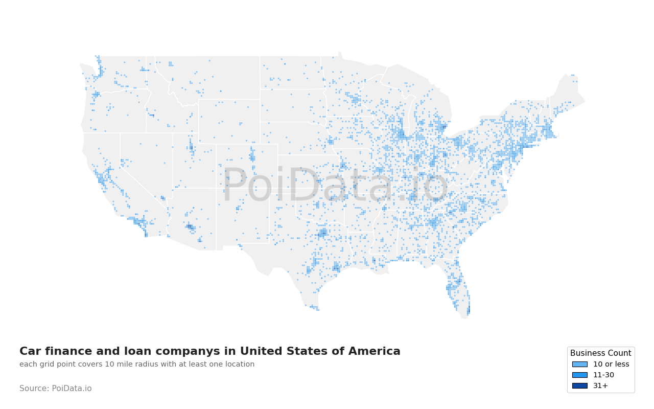 Car finance and loan company density map for United States