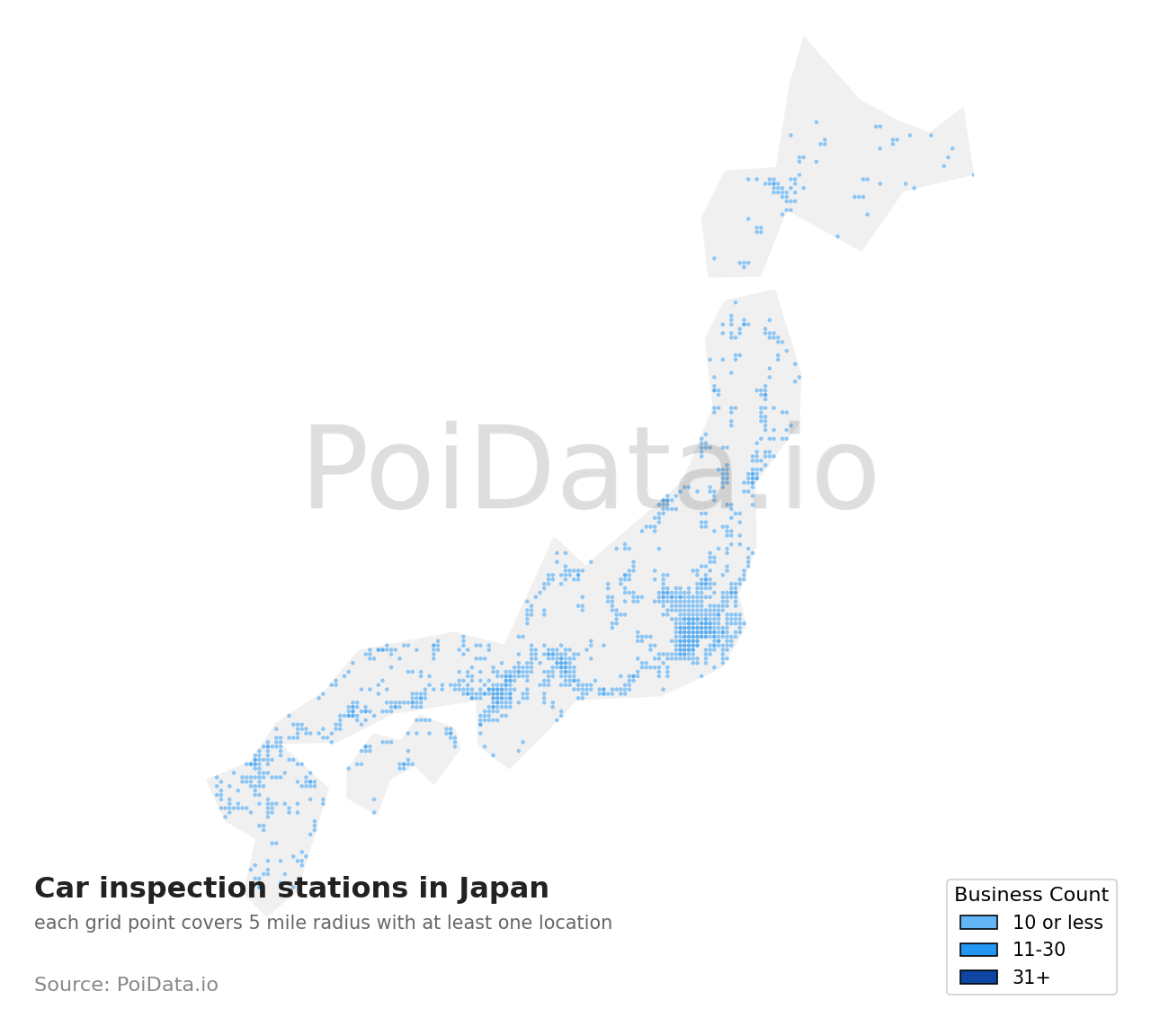 Car inspection station density map for Tokyo, Japan
