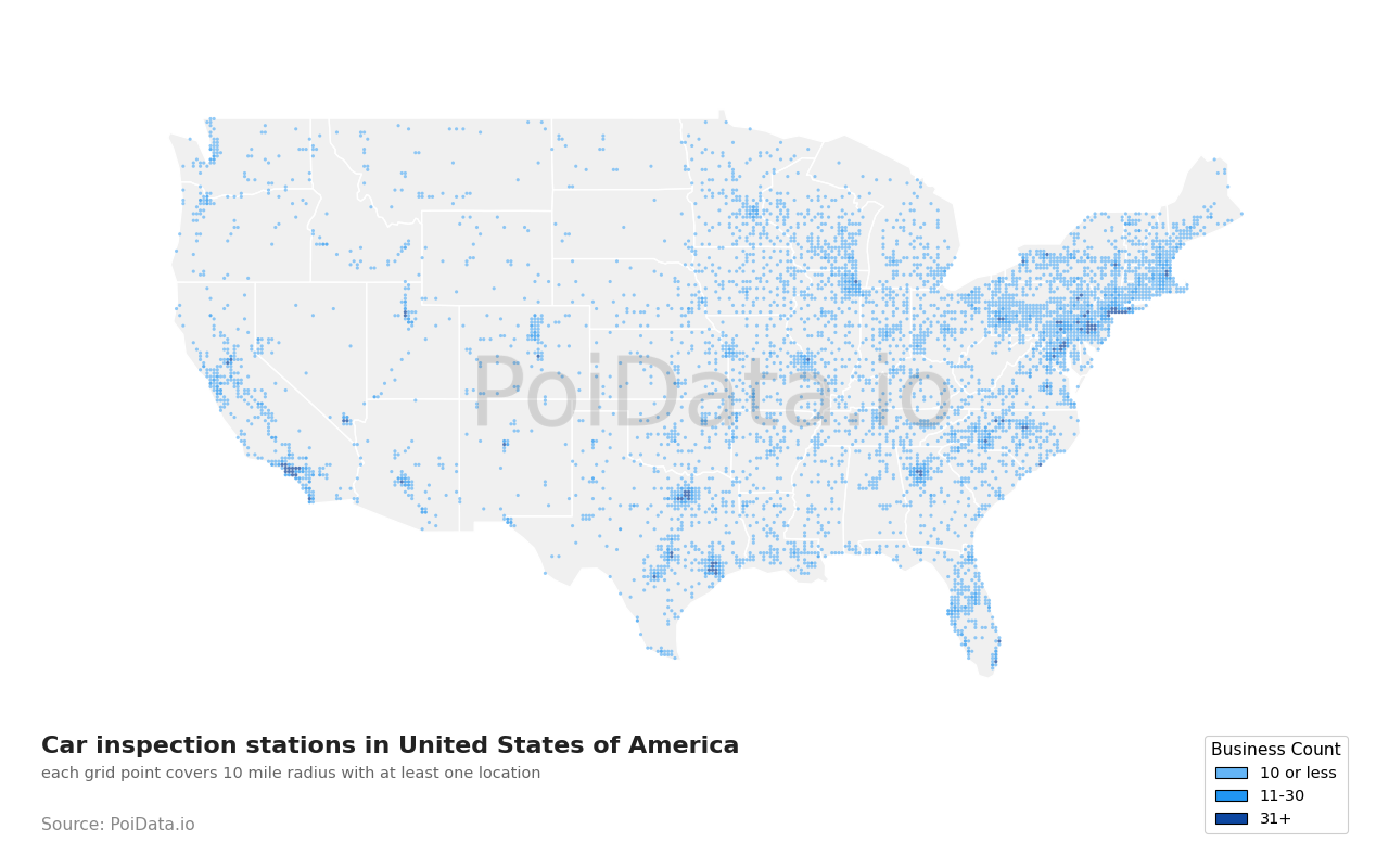 Car inspection station density map for United States