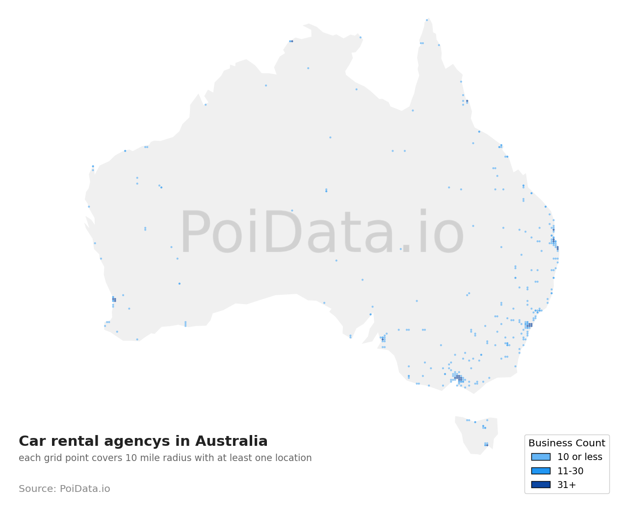Car rental agency density map for QLD, Australia
