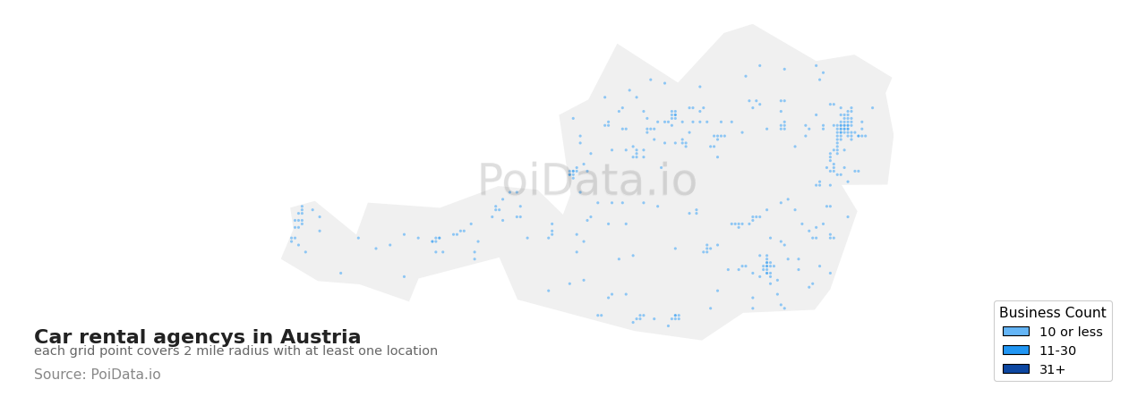 Car rental agency density map for Austria