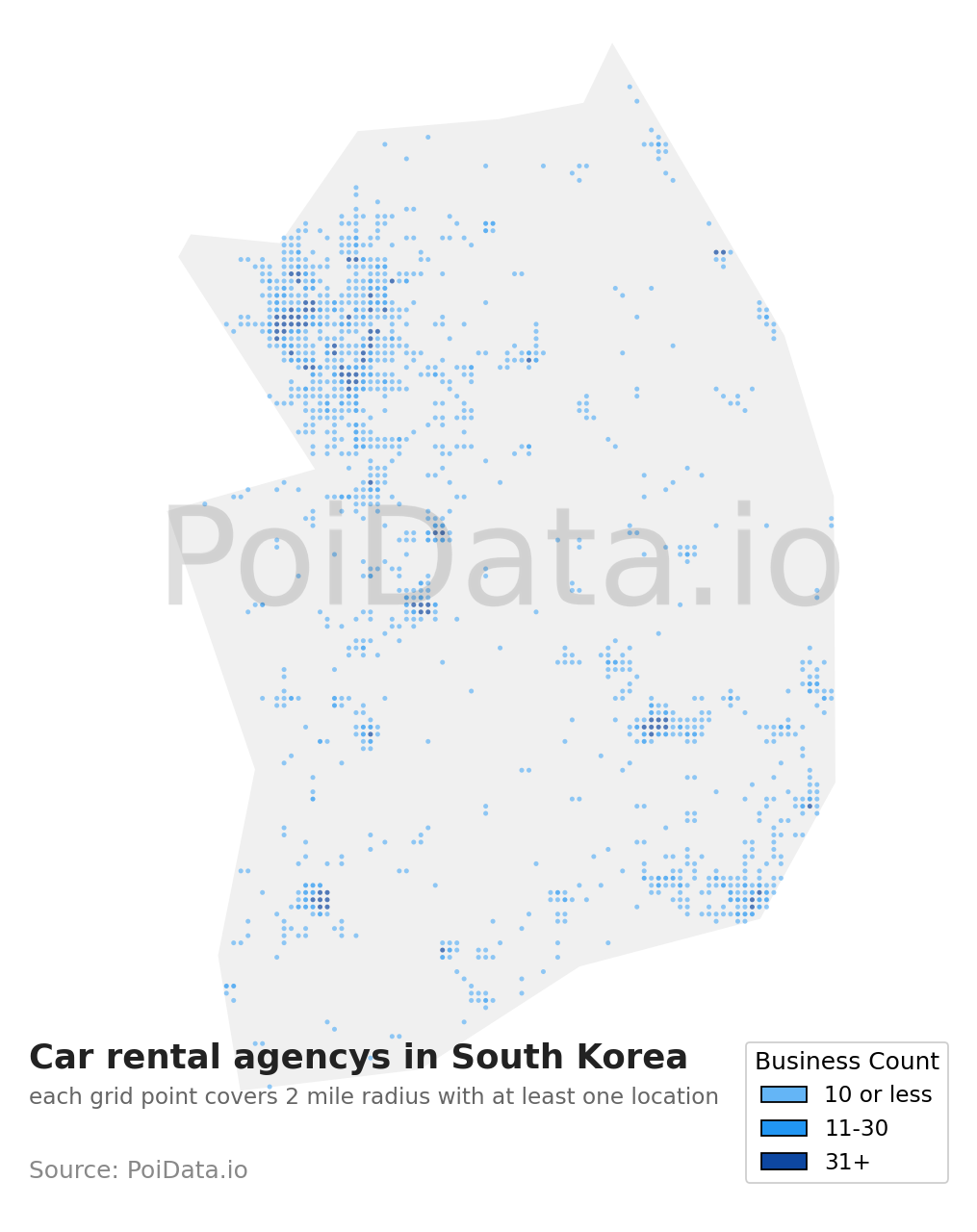 Car rental agency density map for South Korea
