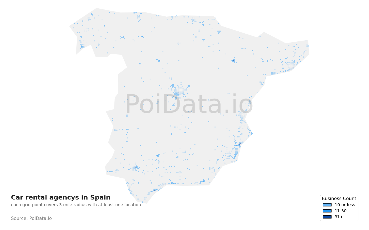 Car rental agency density map for Spain