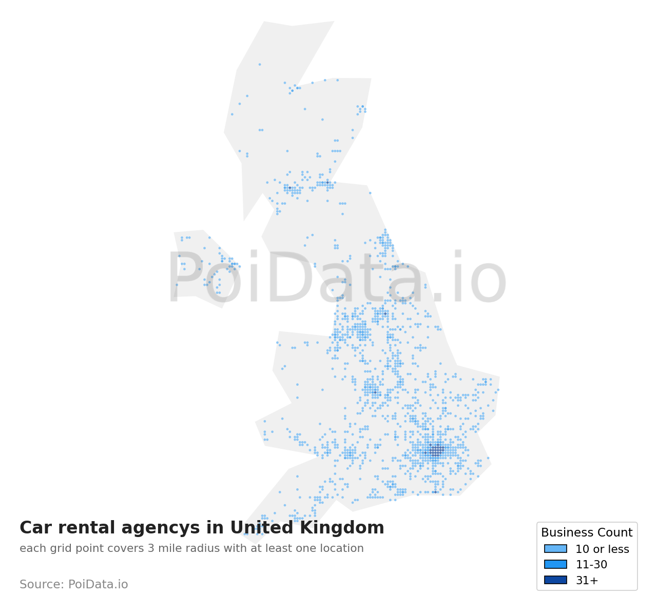 Car rental agency density map for United Kingdom