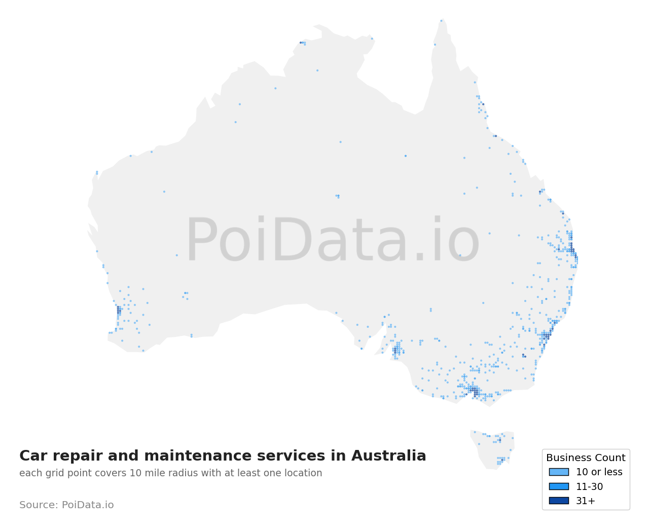 Car repair and maintenance service density map for Australia