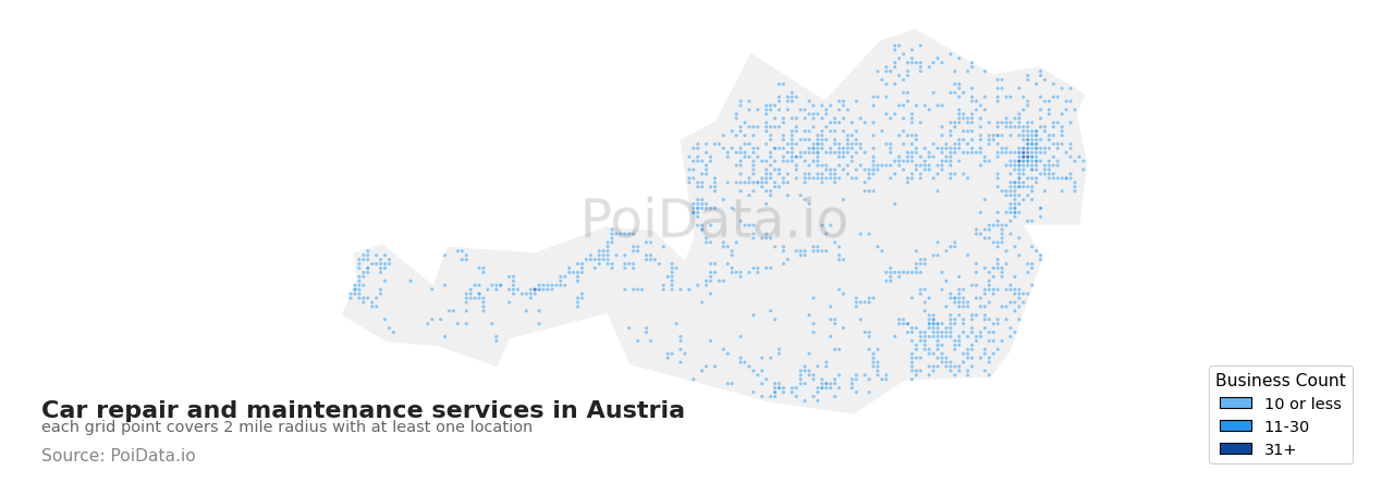 Car repair and maintenance service density map for Austria