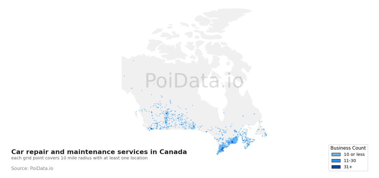 Car repair and maintenance service density map for Nova Scotia, Canada